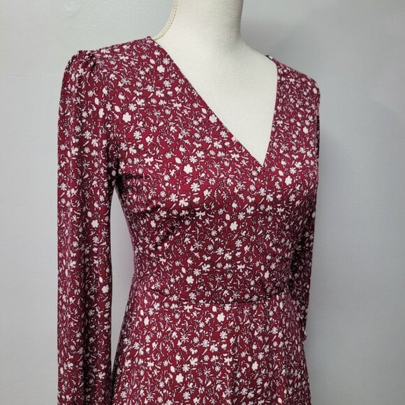 Kaileigh Dress Red Floral Soft Flowy Tie Waist Long Sleeve Tradwife V Neck Small - Picture 2 of 10